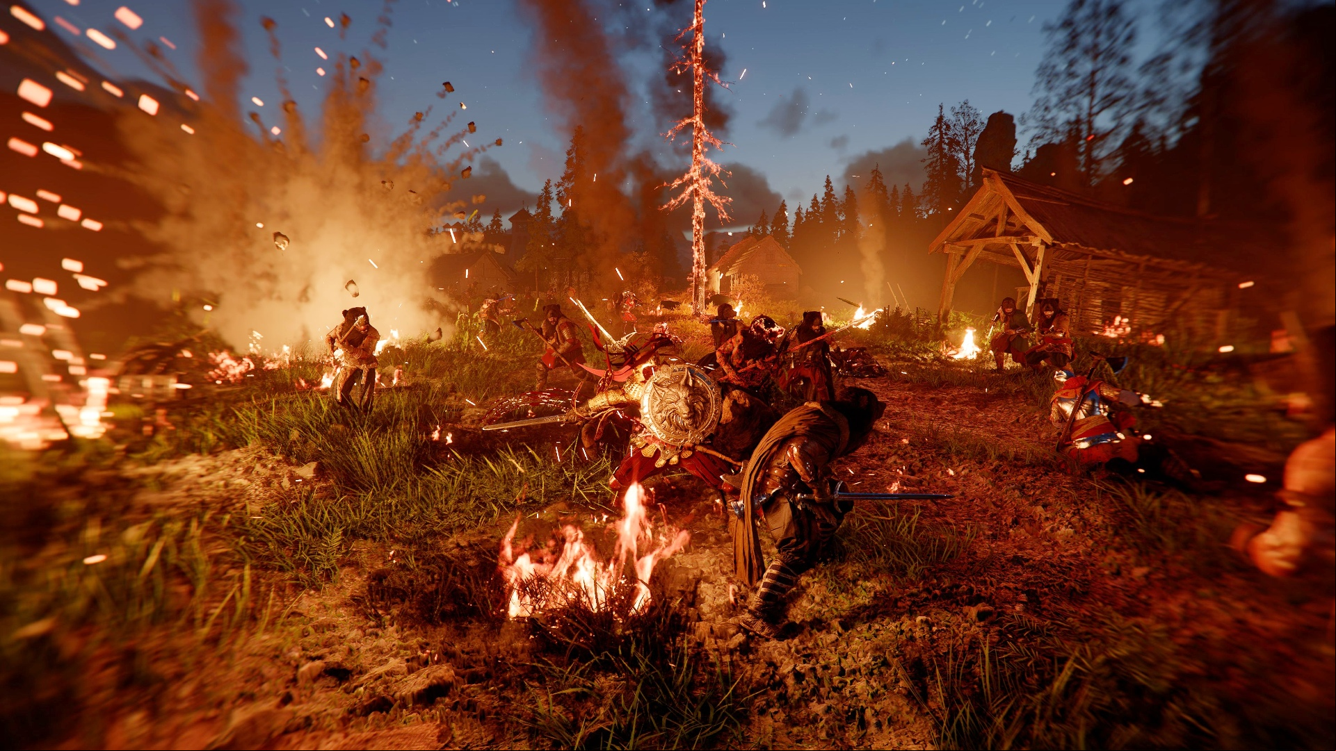 Crimson Desert: A battle between medieval soldiers rages and dusk with fiery explosions lighting up the battlefield