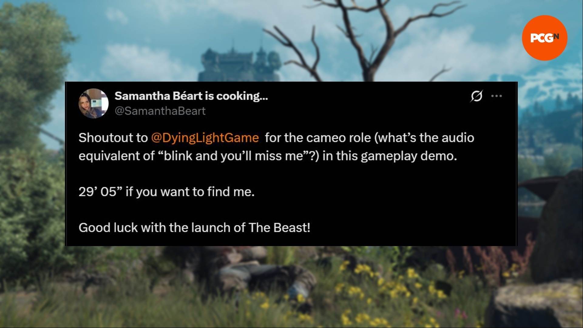 A post on X from Baldur's Gate 3's Karlach actor Samantha Beart discussing her role in Dying Light The Beast's new gamplay trailer